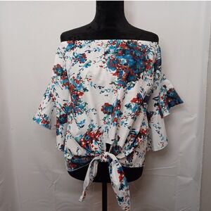 Women's White, Red, & Blue Front Tie Southern Daisy Duke Floral Top Size Small